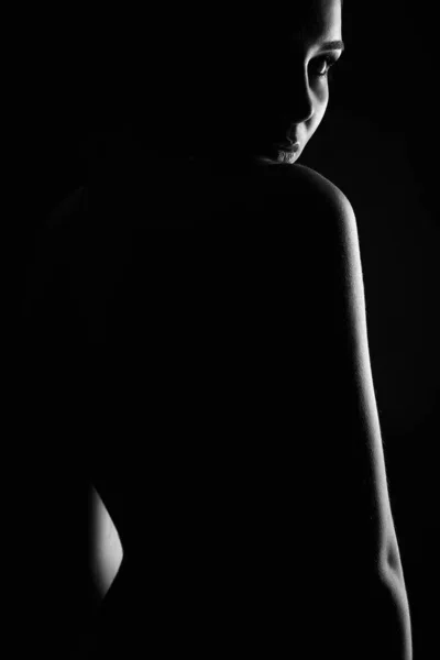 Mooi Vrouwelijk Silhouet Het Donker Zwart Fotomeisje Zwart Wit Kunstportret — Stockfoto