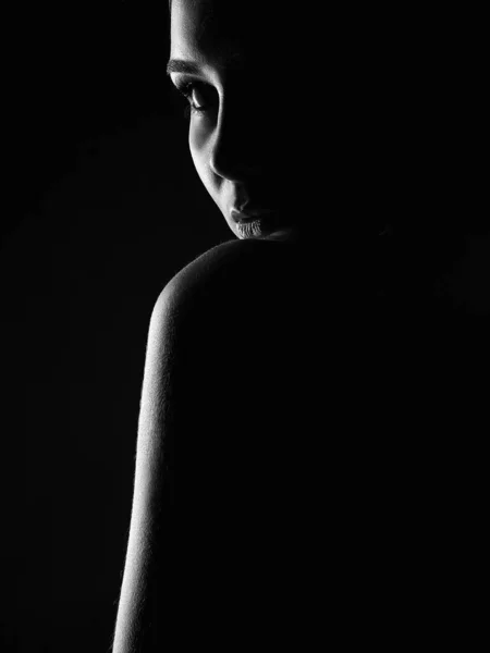 Beautiful Woman Silhouette Dark Black Photo Girl Black White Art — Stock Photo, Image