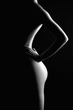 Siyah beyaz, çıplak kadın silueti. Çıplak Kadın. Karanlıktaki kız.