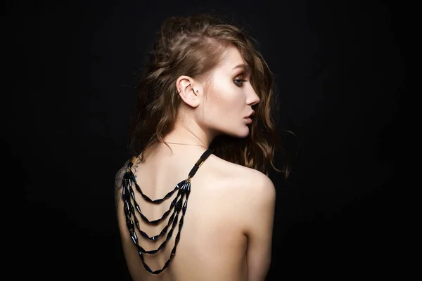 Beautiful Young Woman Necklace Her Naked Back Curly Girl Jewelry — Stock Photo, Image