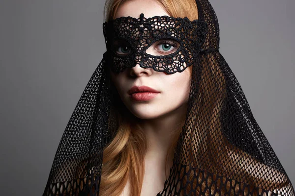 Beautiful Blond Woman Carnival Mask Masquerade Girl Mask Beauty Fashion — Stock Photo, Image