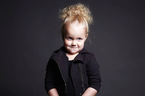 Funny Little Girl Grimace Face Child Close Portrait Emotion Kid — Stock Photo, Image