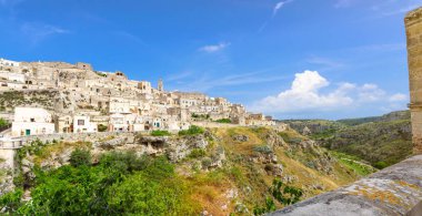 Matera tarihi merkezi Sasso Caveoso rock ile eski antik şehrin Sassi di Matera görünümünü mağara evler, Avrupa kültür başkenti, Unesco Dünya Mirası, Basilicata, Güney İtalya