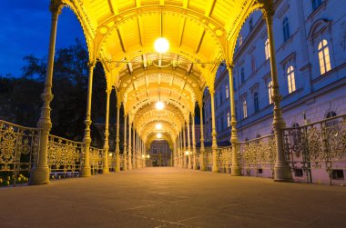 Karlovy Vary 'deki (Carlsbad) Dvorak Park Dvorakovy sady' deki ahşap çarşaf ve ışıkları ile park Colonnade, akşam alacakaranlığı manzarası, Çek Cumhuriyeti