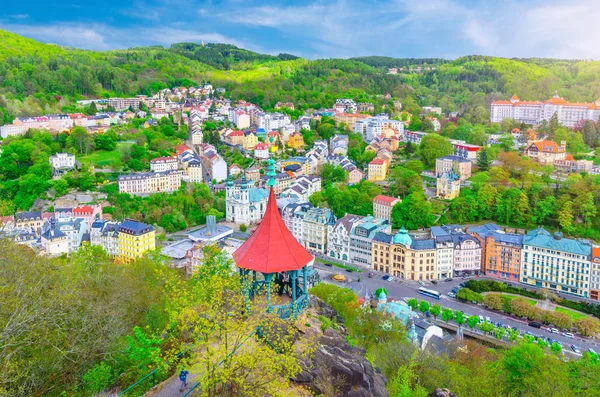 Karlovy Vary Carlsbad Historiska Centrum Topp Antenn Utsikt Med Färgglada — Stockfoto