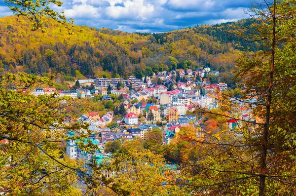 Överst Sidan Panoramautsikt Över Karlovy Vary Carlsbad Spa Stad Med — Stockfoto