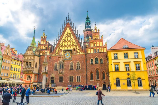 Wroclaw, Poland, May 7, 2019: Old Town Hall building with clock tower spire — 스톡 사진