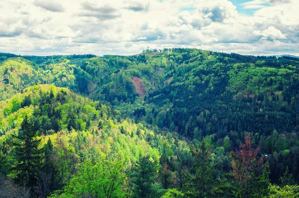 Carlsbad kasabası yakınlarındaki tepeler ve yeşil ağaçlarla Slavkov Ormanı panoramik manzarası, Karlovy Vary