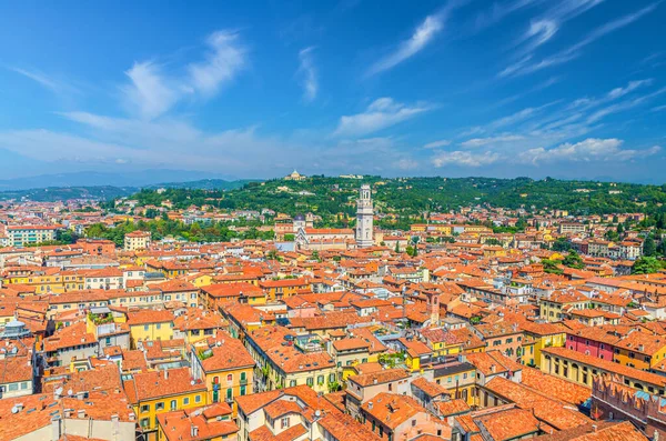 Aerial view of Verona city historical centre Citta Antica with red tiled roof buildings