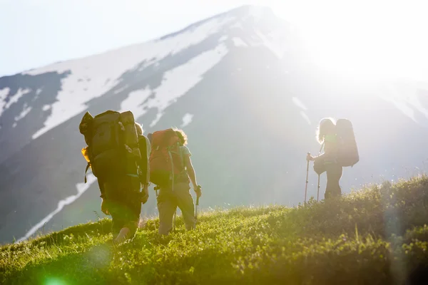 Os jovens estão caminhando nas terras altas das montanhas de Altai, Rússia — Fotografia de Stock