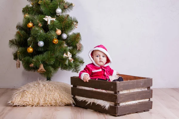 Roztomilý malý Santa pózuje ve studiu poblíž novoroční strom — Stock fotografie