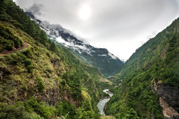 Valle verde en el circuito de Manaslu en las montañas del Himalaya, Nepal — Foto de Stock