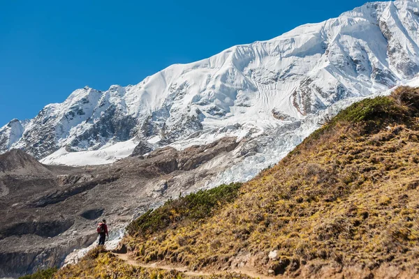 Trekker frente al glaciar Manaslu en el circuito de senderismo Manaslu en N — Foto de Stock