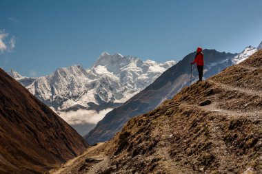 Manaslu devre üzerinde Trekker trek Nepal'de