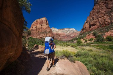 Onun erkek bebek bir adamla Zion national park, Utah doğa yürüyüşü