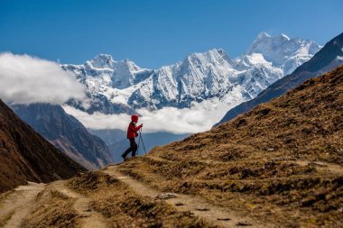 Manaslu devre üzerinde Trekker trek Nepal'de