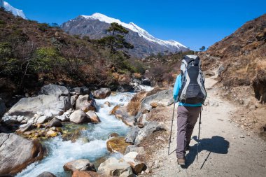 Everest saha kampı bir yolda Renjo La geçidi yaklaşan trekker