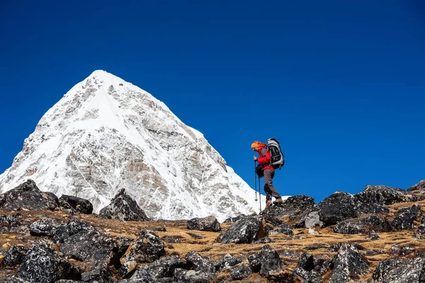 Trekker acercándose a la montaña PumoRi en el valle de Khumbu en un camino a — Foto de Stock
