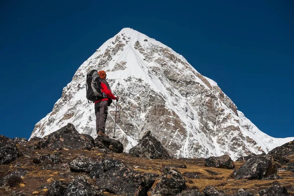 Trekker acercándose a la montaña PumoRi en el valle de Khumbu en un camino a — Foto de Stock