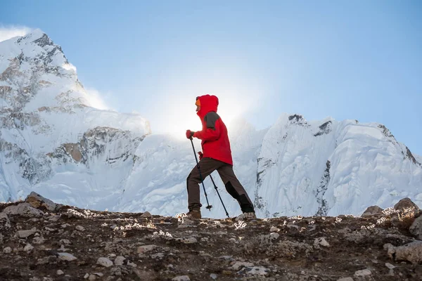 Trekker Everest saha kampı bir yolda Khumbu Vadisi'nde