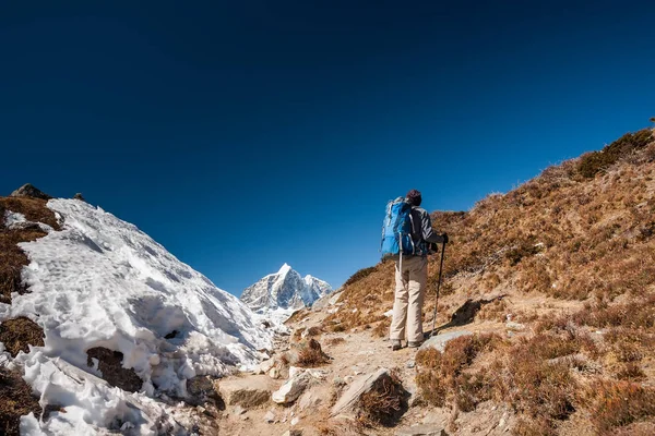 Trekker Everest saha kampı bir yolda Khumbu Vadisi'nde — Stok fotoğraf