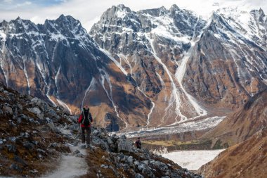 Trekker Larke La geçmek Manaslu devre Trek fron aşağı gider 
