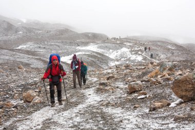 Yavaş yavaş yürümek için Thorung La geçmek - en yüksek nokta üzerinde trekker