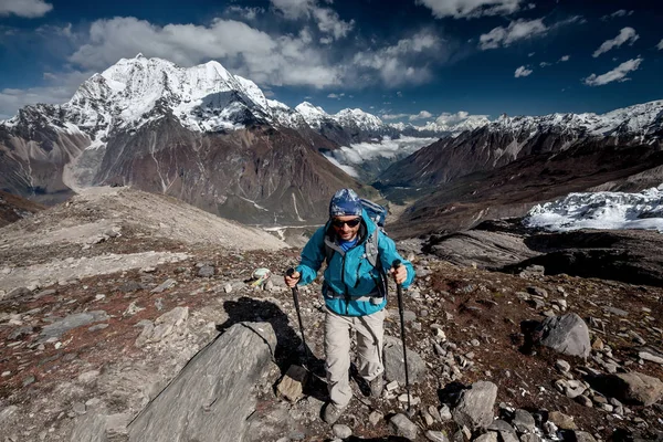 徒步旅行者是 climbig 到在高原上的喜马拉雅山马纳斯卢峰大本营 — 图库照片