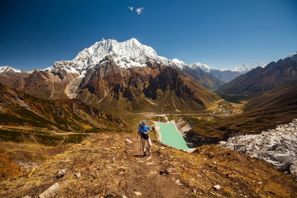 徒步旅行者是 climbig 到在高原上的喜马拉雅山马纳斯卢峰大本营 — 图库照片