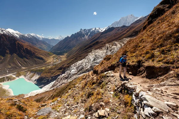 徒步旅行者是 climbig 到在高原上的喜马拉雅山马纳斯卢峰大本营 — 图库照片