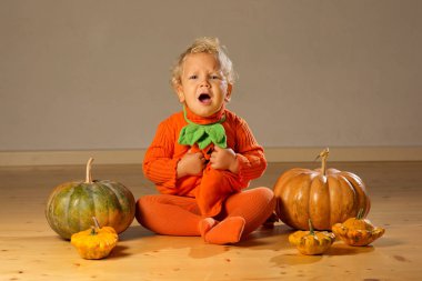 Kabak kostüm stüdyoda poz küçük çocuk