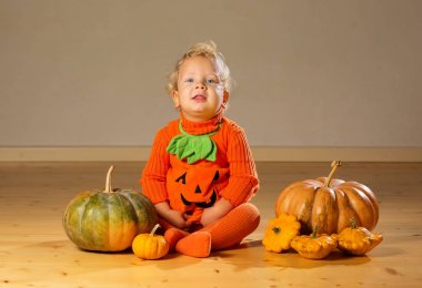 Kabak kostüm stüdyoda poz küçük çocuk