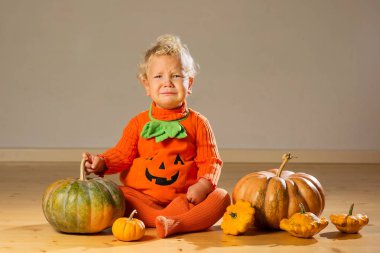 Kabak kostüm stüdyoda poz küçük çocuk