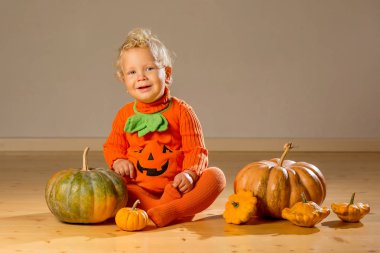 Kabak kostüm stüdyoda poz küçük çocuk