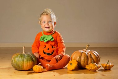Kabak kostüm stüdyoda poz küçük çocuk