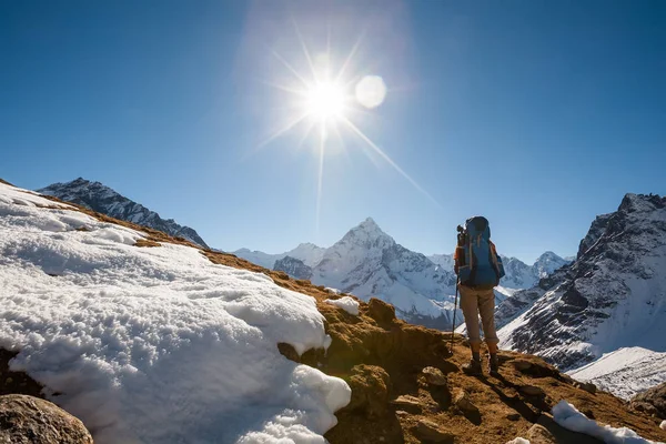 Abadablan önünde Khumbu Vadisi'nde Trekker mount bir yolda