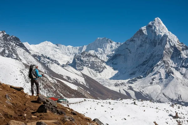 Amadablam Dağı Khumbu Vadisi'nde bir yolda yaklaşan trekker