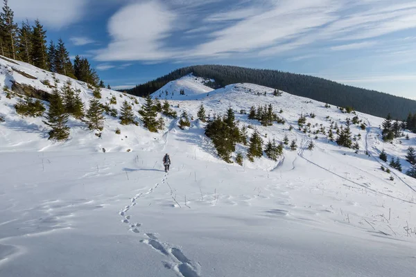 冬の山で人はバック パッキングします — ストック写真
