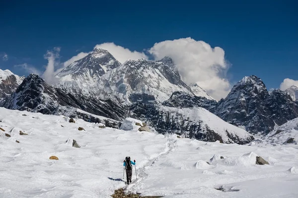 Trekker está caminando por el paso Renjo La en la región del Everest — Foto de Stock