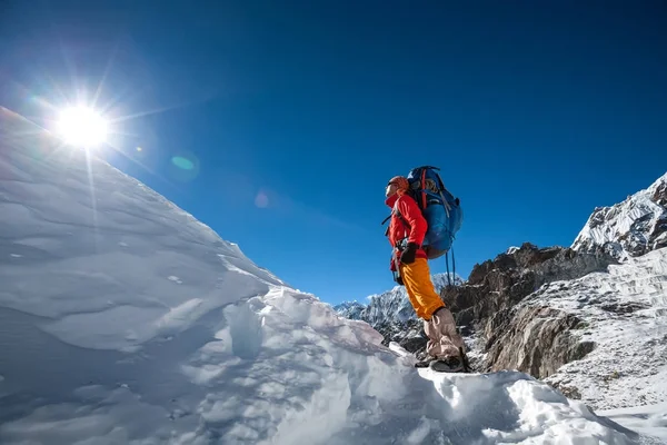 Trekker дивиться на ЗС заслужив при перетині Чо Ла Пас в Еверест r — стокове фото