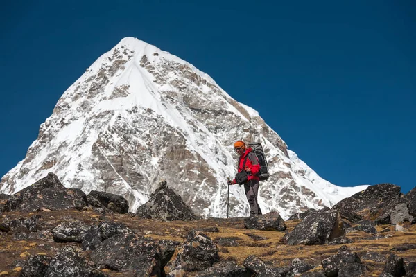 Trekker approchant la montagne PumoRi dans la vallée de Khumbu sur le chemin de — Photo