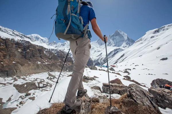 Trekker w drodze do Annapurna base camp, Nepal — Zdjęcie stockowe