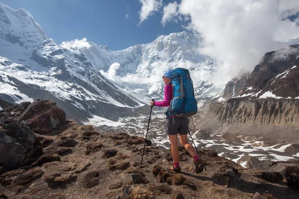 Trekker matkalla Annapurnan leiriin, Nepaliin — kuvapankkivalokuva