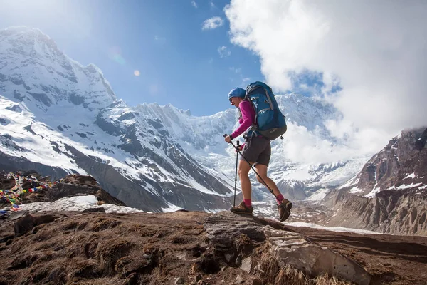 Trekker a caminho do acampamento base de Annapurna, Nepal — Fotografia de Stock