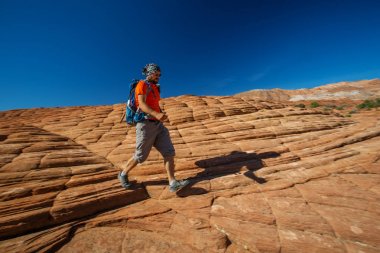 Uzun yürüyüşe çıkan kimse volkanik kar kanyon Utah, ABD eyalet parkı bir iz üzerinde
