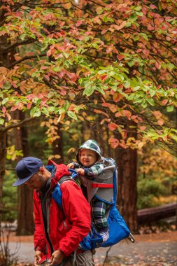Bir baba ile bebek evlat Californa Yosemite Milli Parkı ziyaret