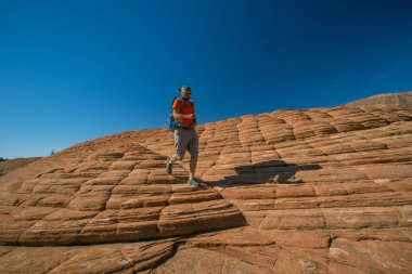 Uzun yürüyüşe çıkan kimse volkanik kar kanyon Utah, ABD eyalet parkı bir iz üzerinde