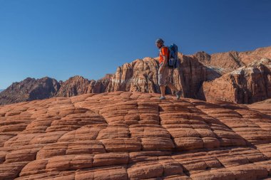 Uzun yürüyüşe çıkan kimse volkanik kar kanyon Utah, ABD eyalet parkı bir iz üzerinde