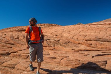 Uzun yürüyüşe çıkan kimse volkanik kar kanyon Utah, ABD eyalet parkı bir iz üzerinde