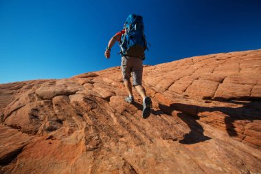 Uzun yürüyüşe çıkan kimse volkanik kar kanyon Utah, ABD eyalet parkı bir iz üzerinde